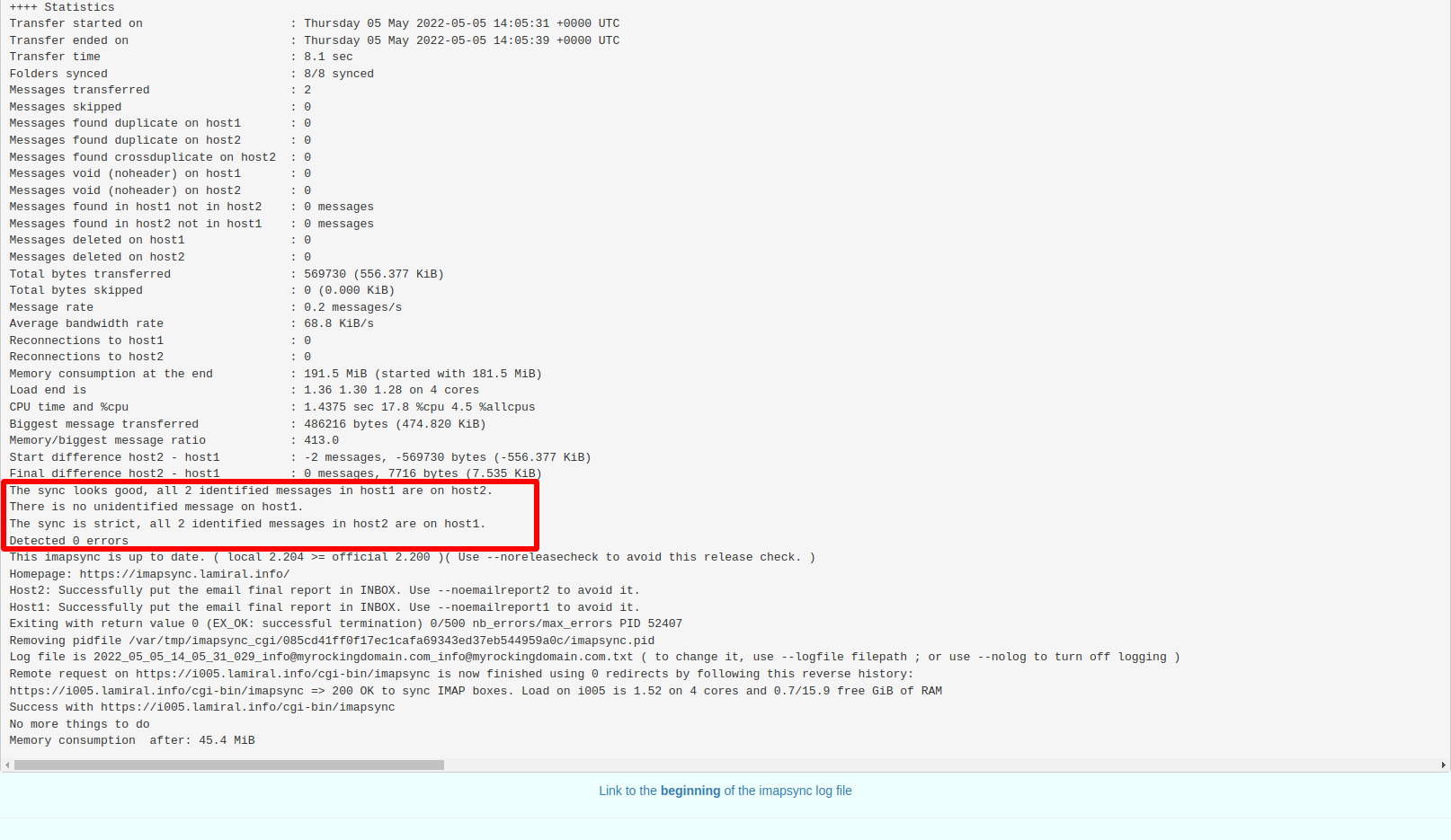 Imapsync logs show the processed succeeded.